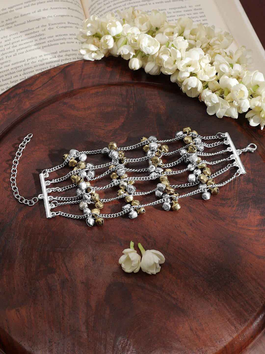 Rubans Oxidised Silver-Plated Multi-Layered Chain Bracelet with Golden & Silver Bells Silver