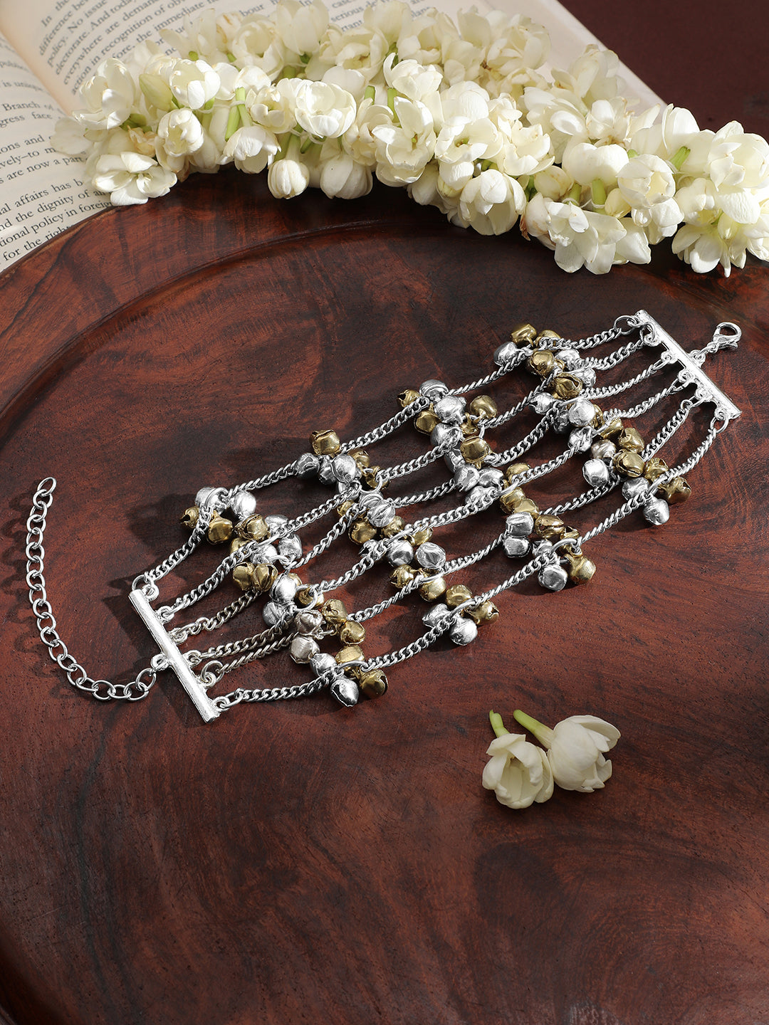 Rubans Oxidised Silver-Plated Multi-Layered Chain Bracelet with Golden & Silver Bells Silver