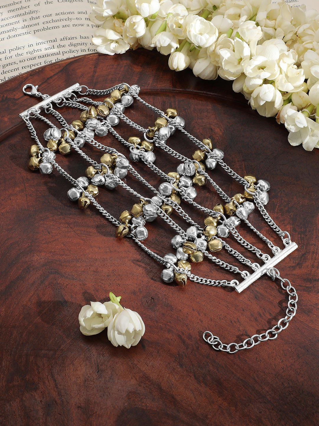 Rubans Oxidised Silver-Plated Multi-Layered Chain Bracelet with Golden & Silver Bells Silver