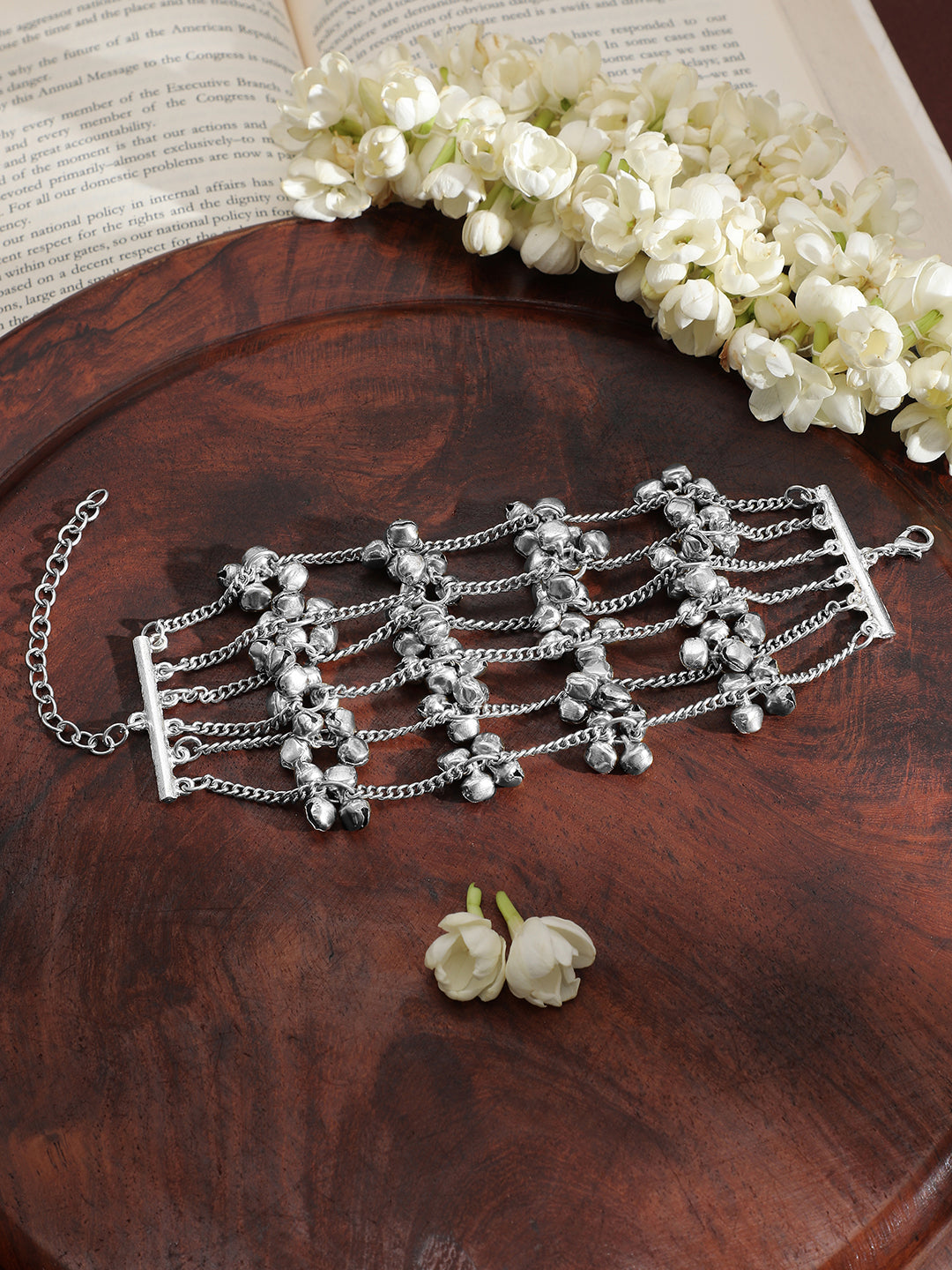 Rubans Oxidised Silver-Plated Multi-Layered Chain Bracelet with Silver Bells Silver