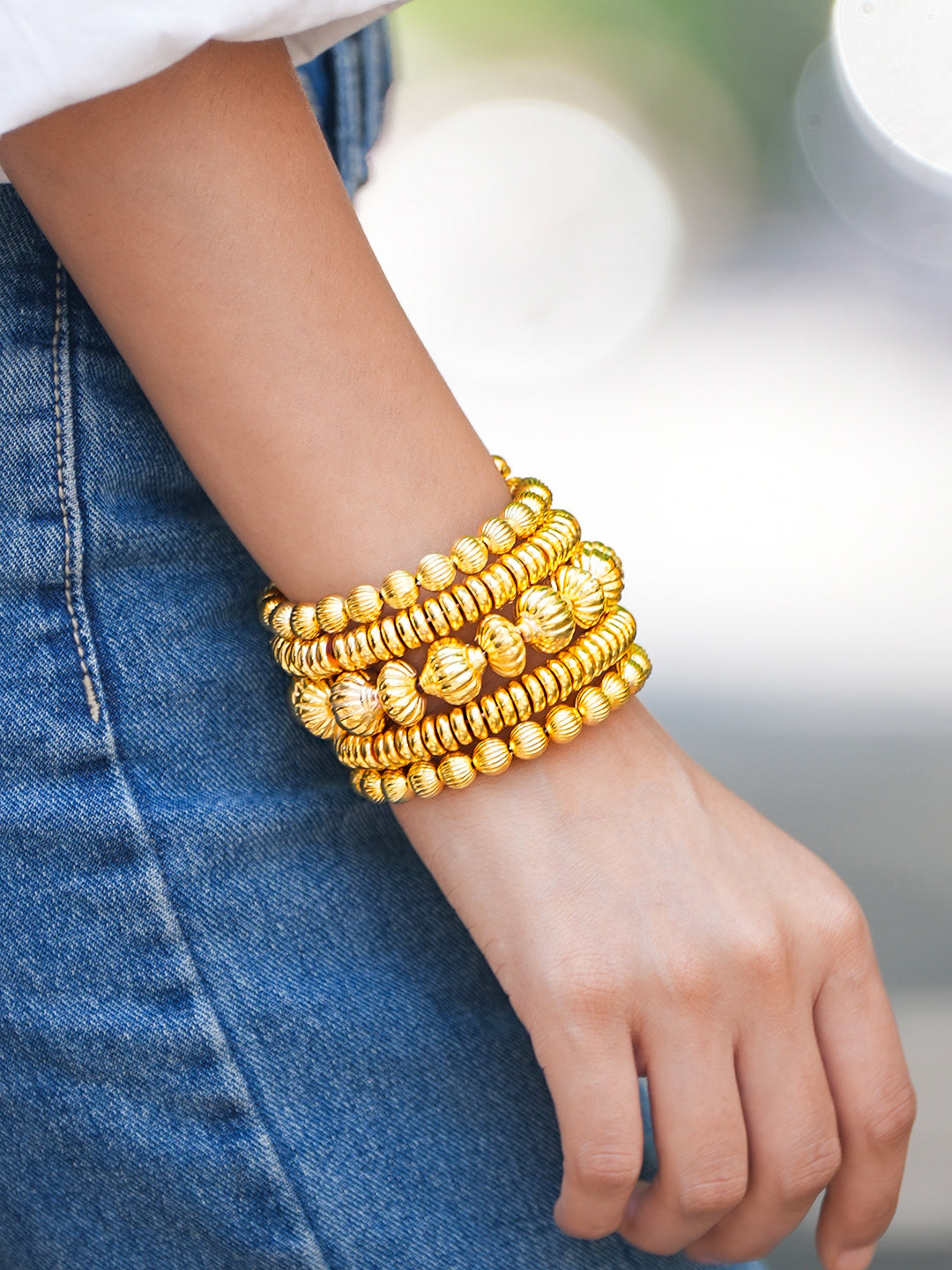 Rubans 18K Gold-Plated Textured Golden Beaded Statement Bracelet for Women Gold
