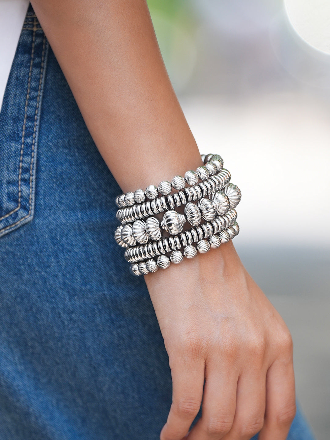 Rubans Silver-Plated Textured Beaded Statement Bracelet for Women Silver
