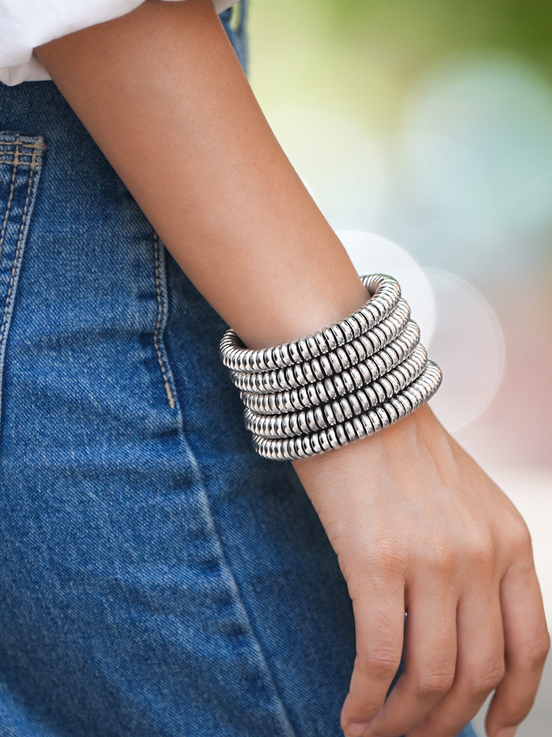 Rubans Silver-Plated Glossy Silver Beaded Multi-Layered Coiled Bracelet for Women Silver 1