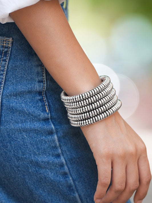 Rubans Silver-Plated Glossy Silver Beaded Multi-Layered Coiled Bracelet for Women Silver 1