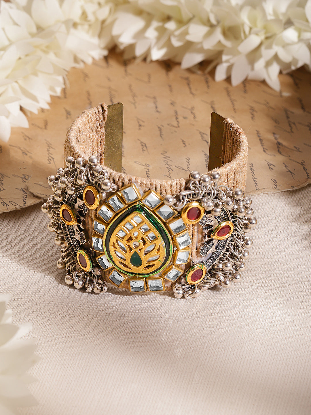 Rubans Women Brass Kundan Gold-Plated Cuff Bracelet フリーサイズ