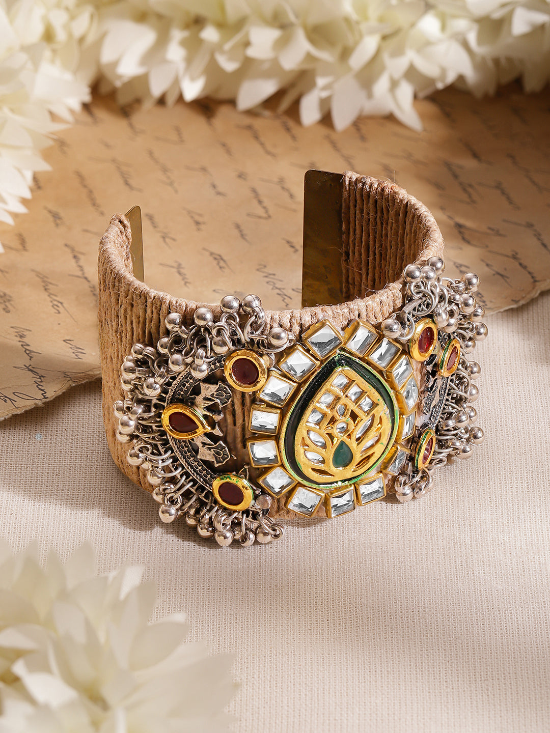 Rubans Women Brass Kundan Gold-Plated Cuff Bracelet フリーサイズ