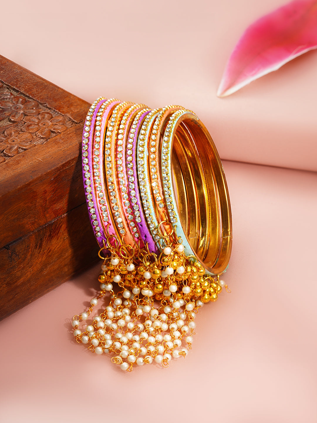 Pearl Tassel Multicolor Kashmiri Bangle Stack Set 2.4 - Small