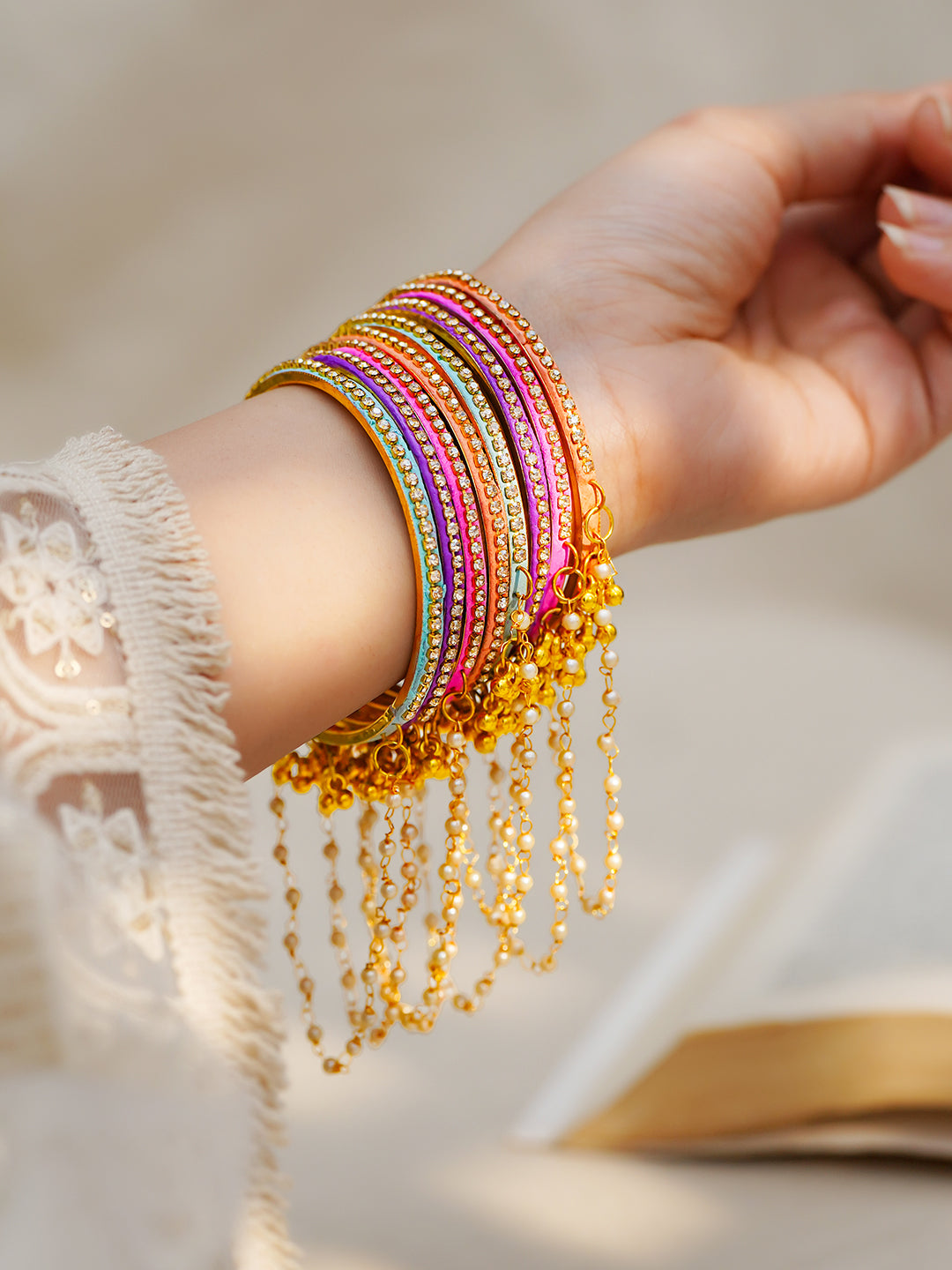 Pearl Tassel Multicolor Kashmiri Bangle Stack Set 2.10 - Extra Large
