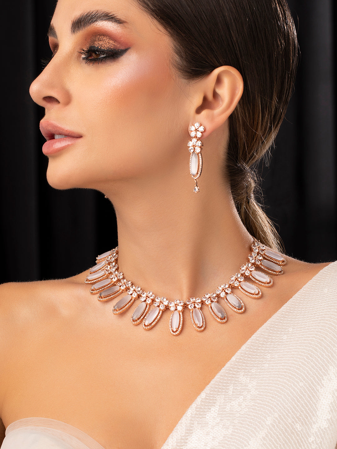 Rubans Rose Gold Plated White Beads American Diamond Necklace Set. Rose Gold