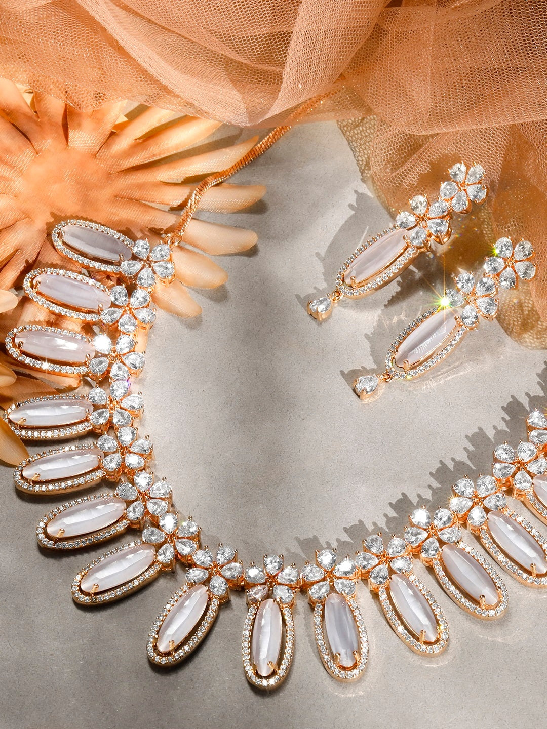 Rubans Rose Gold Plated White Beads American Diamond Necklace Set. Rose Gold