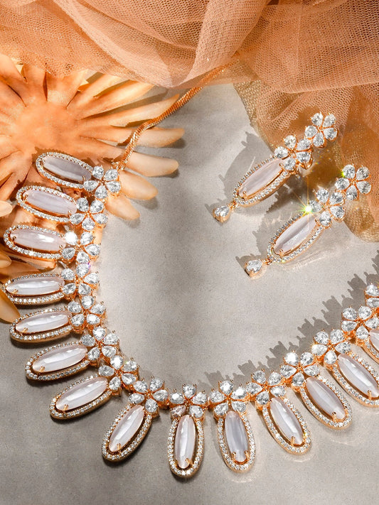 Rubans Rose Gold Plated White Beads American Diamond Necklace Set. Rose Gold