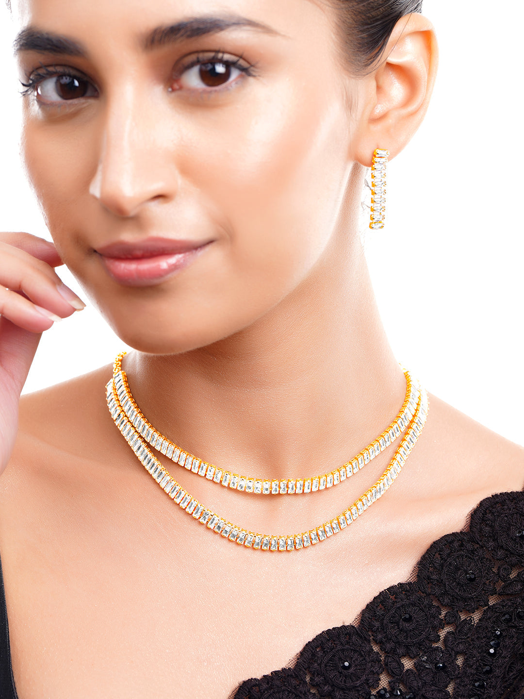 【Rubans】 Gold Plated Layered American Diamond Statement Necklace Set｜ゴールドメッキ レイヤード アメリカンダイヤモンド ステートメント ネックレスセット