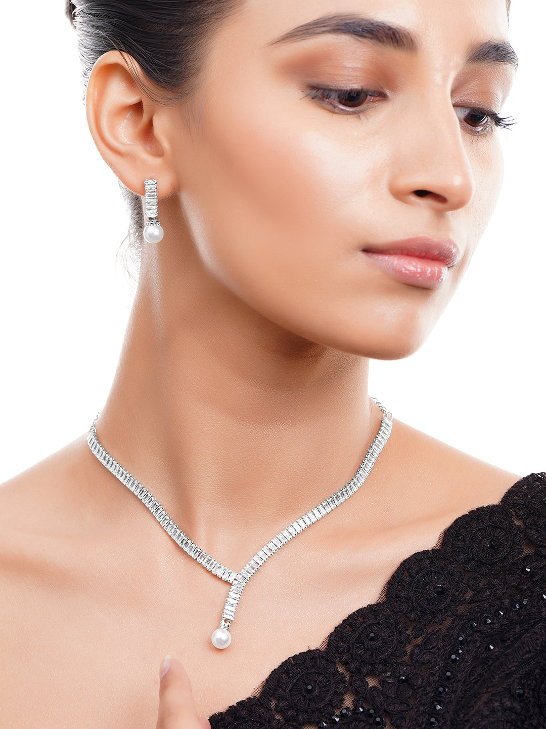 【Rubans】 Rhodium Plated American Diamond Pearl Drop Y Necklace Set｜ロジウムメッキ アメリカンダイヤモンド パールドロップ Yネックレスセット