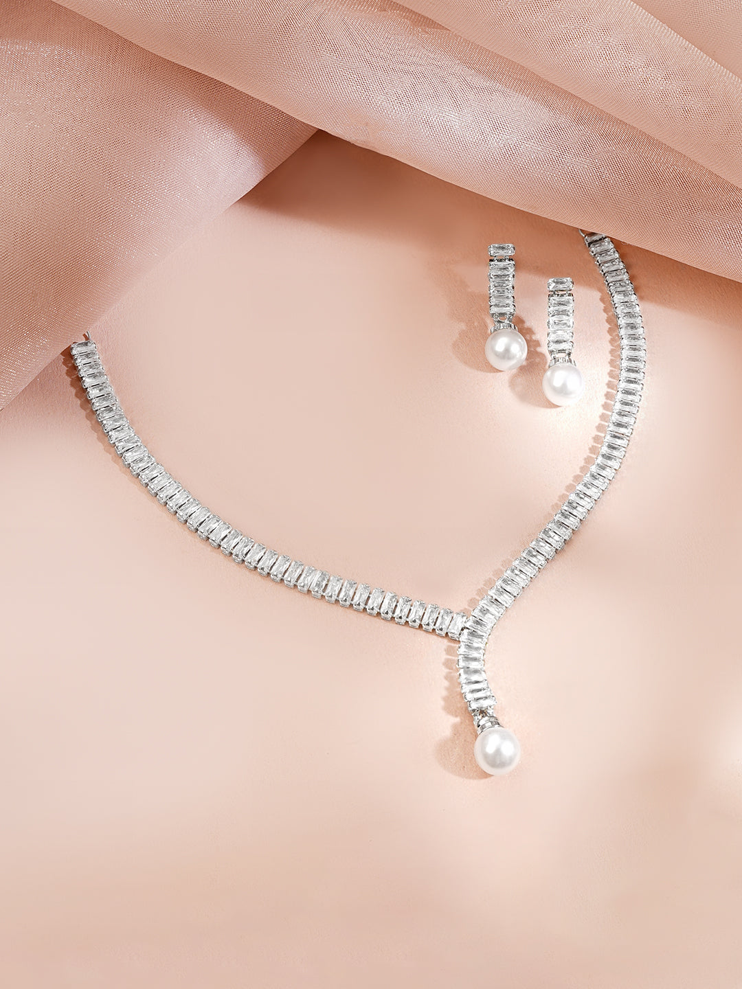 【Rubans】 Rhodium Plated American Diamond Pearl Drop Y Necklace Set｜ロジウムメッキ アメリカンダイヤモンド パールドロップ Yネックレスセット