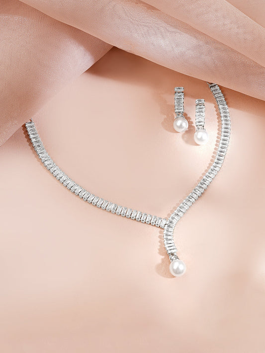 【Rubans】 Rhodium Plated American Diamond Pearl Drop Y Necklace Set｜ロジウムメッキ アメリカンダイヤモンド パールドロップ Yネックレスセット