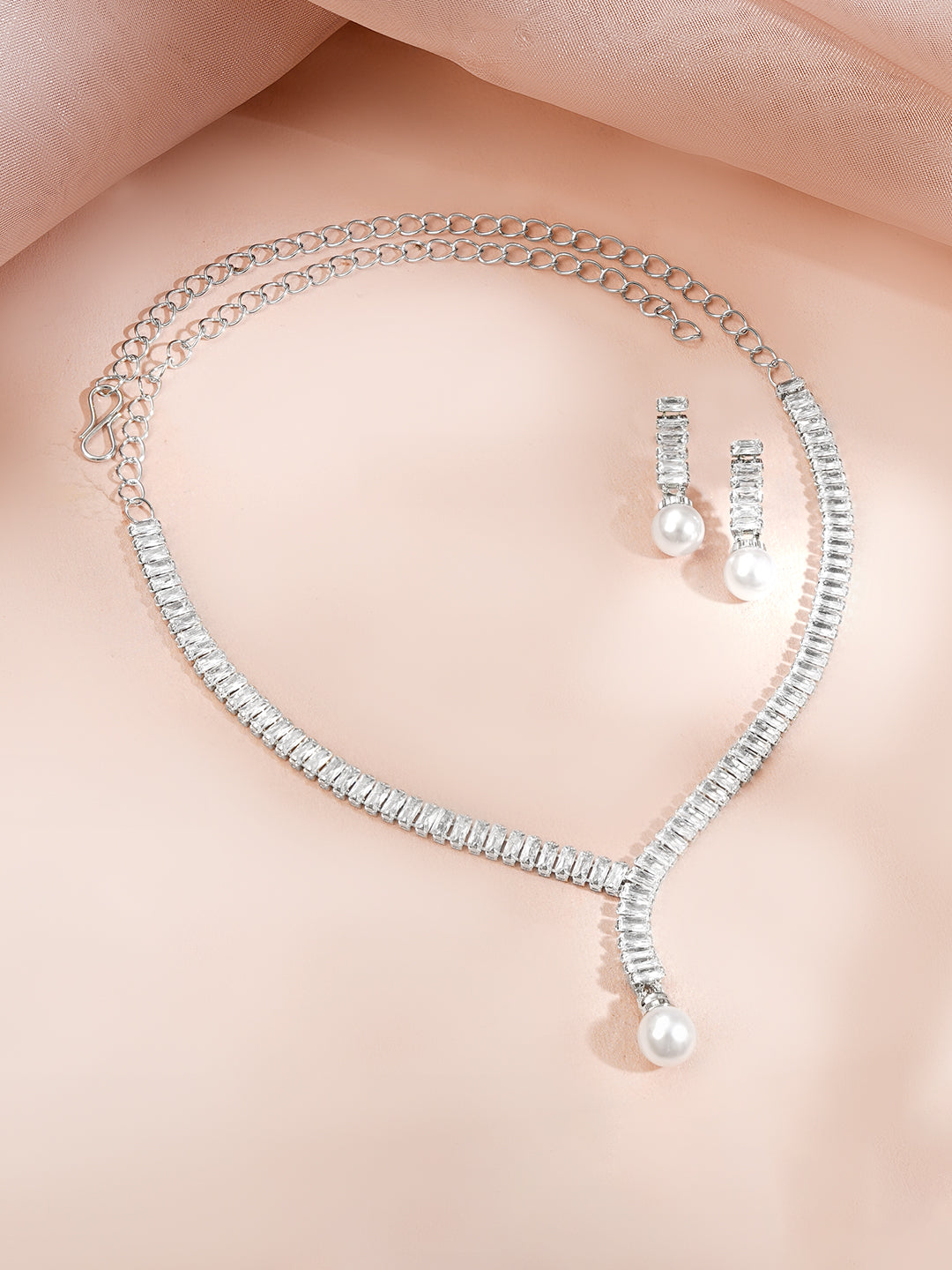 【Rubans】 Rhodium Plated American Diamond Pearl Drop Y Necklace Set｜ロジウムメッキ アメリカンダイヤモンド パールドロップ Yネックレスセット
