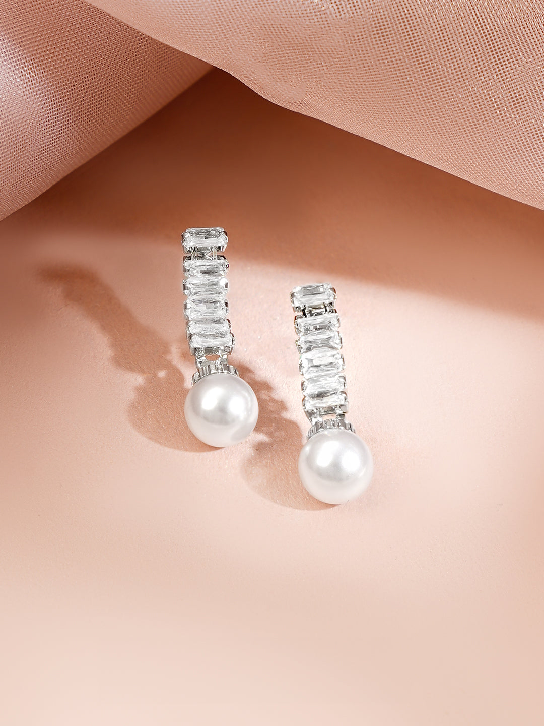 【Rubans】 Rhodium Plated American Diamond Pearl Drop Y Necklace Set｜ロジウムメッキ アメリカンダイヤモンド パールドロップ Yネックレスセット
