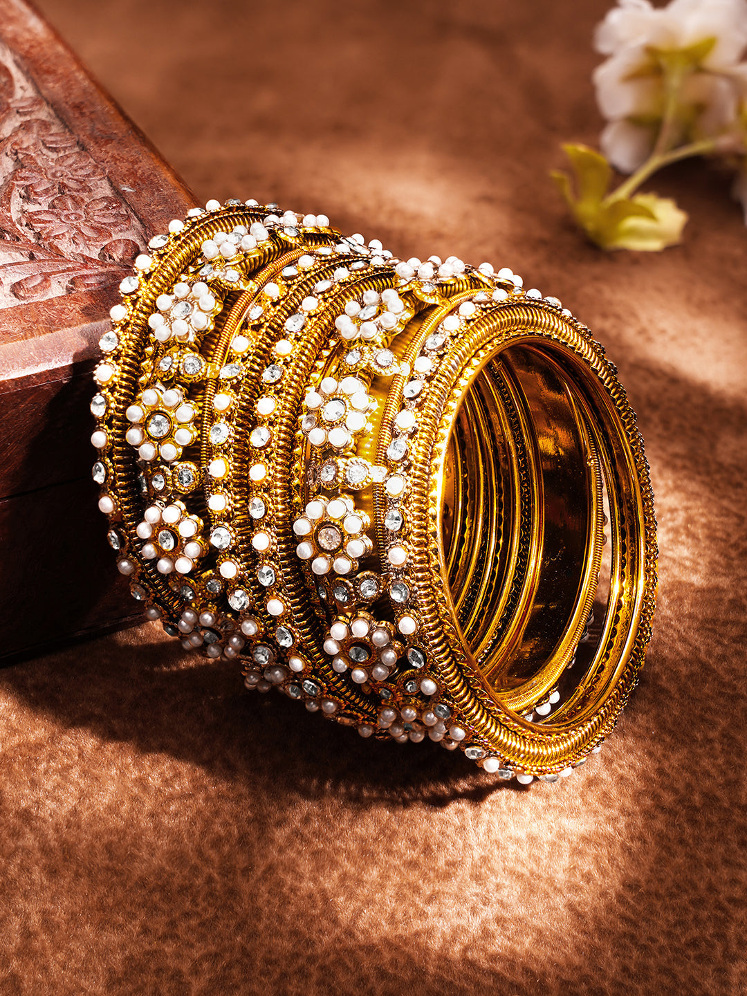 【Rubans】 Bridal Luxe Pearl Zirconia Bangles Set of 6 (Size 2.6)｜ブライダル リュクス パール＆ジルコニア バングル 6本セット（サイズ 2.6）