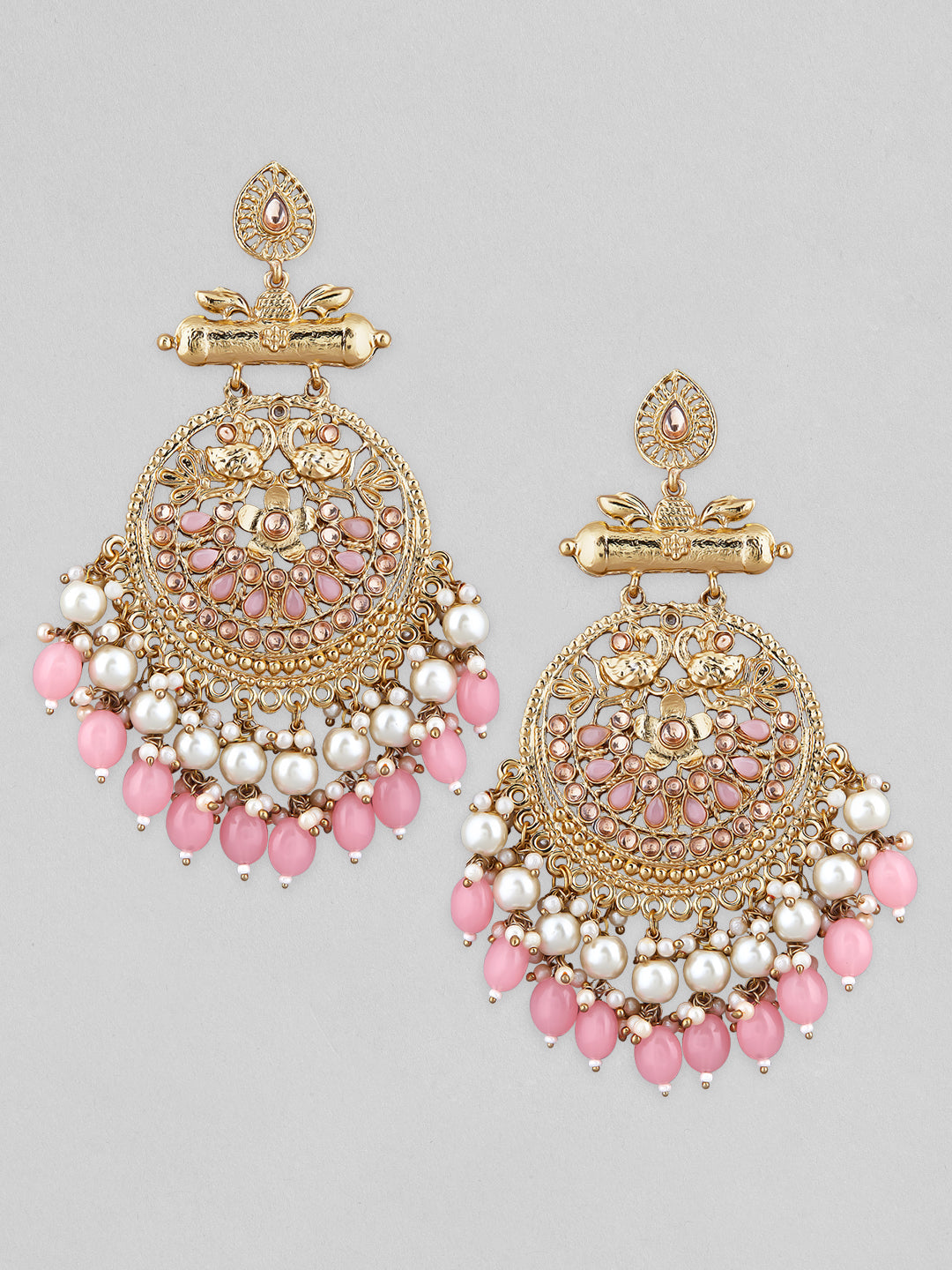 【Rubans】 18K Antique Gold-Plated Big Chandbali Earrings with Pearl & Pink Bead Accents｜18K アンティークゴールドメッキ ビッグ チャンドバリ イヤリング パール＆ピンクビーズ