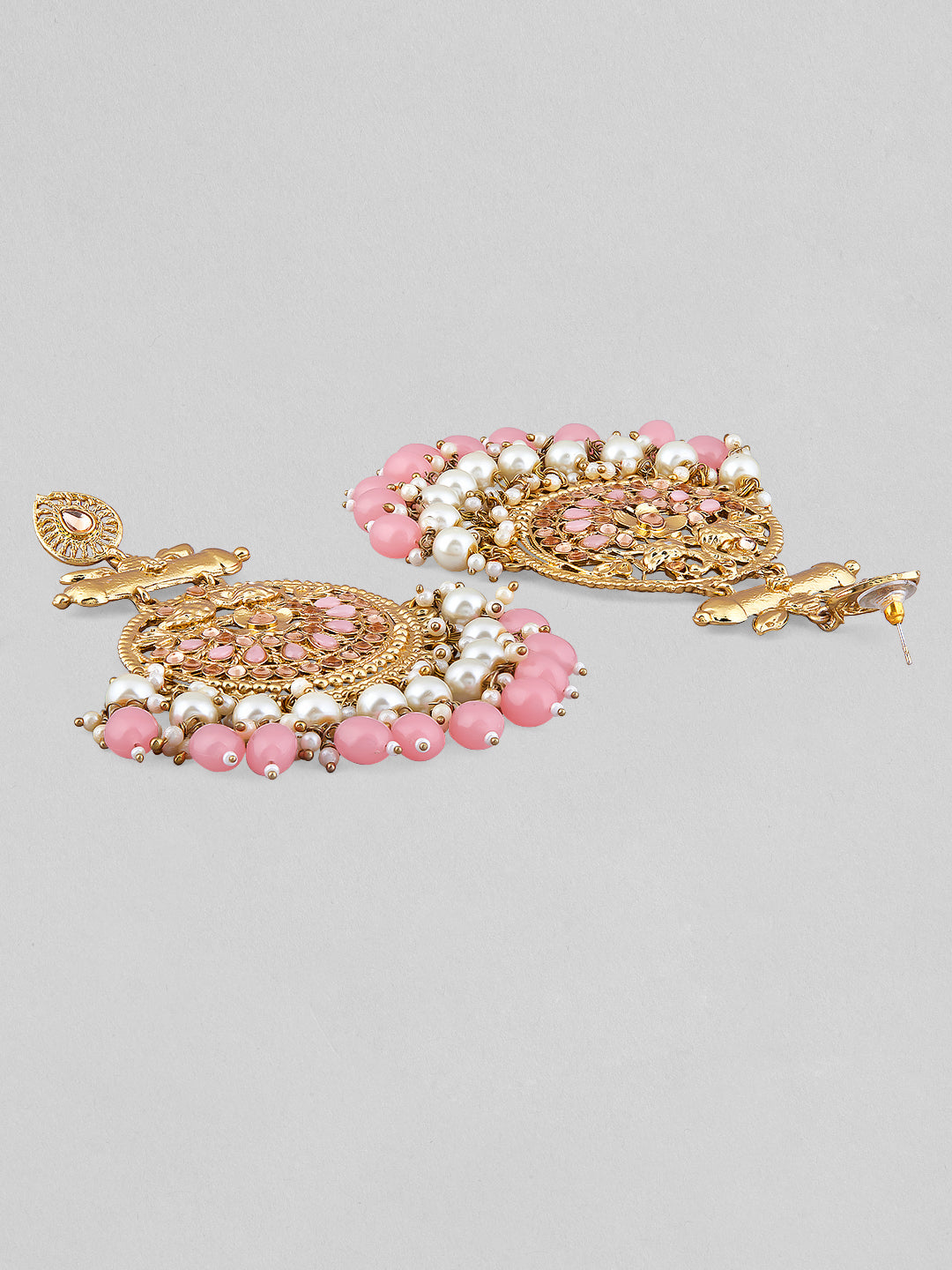 【Rubans】 18K Antique Gold-Plated Big Chandbali Earrings with Pearl & Pink Bead Accents｜18K アンティークゴールドメッキ ビッグ チャンドバリ イヤリング パール＆ピンクビーズ
