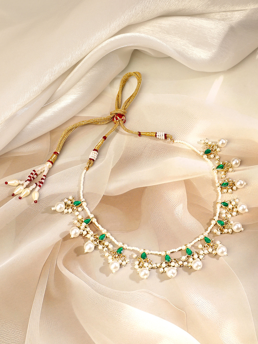 Captivating Green Kundan & Pearl Necklace Gold::Green