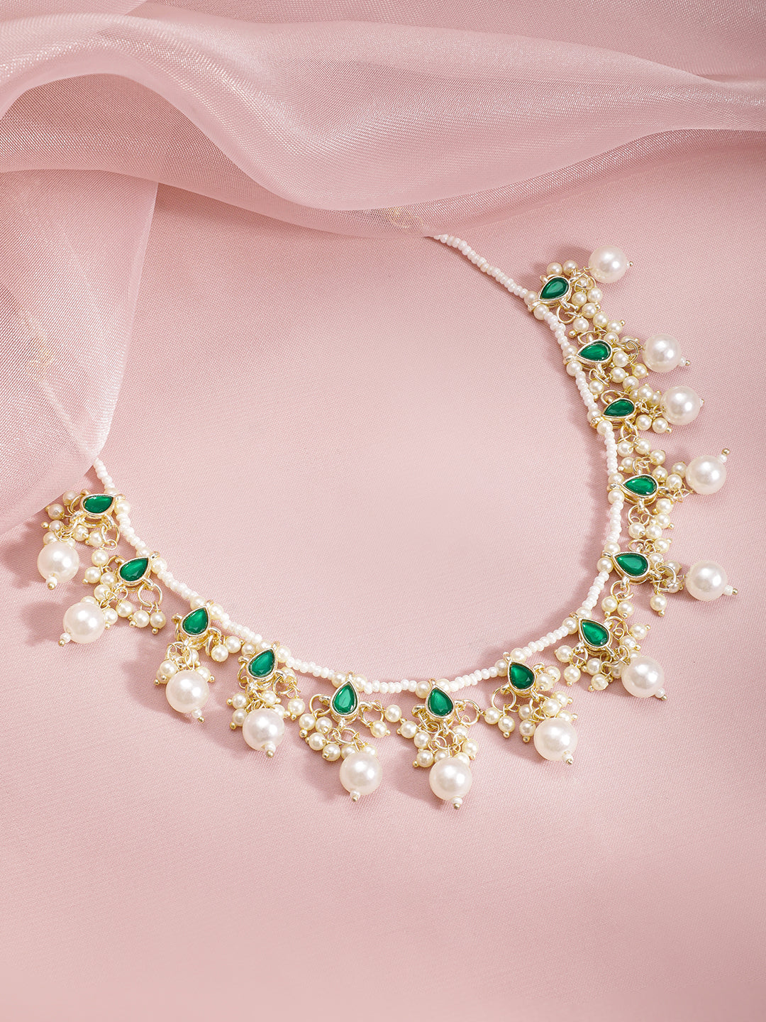 Captivating Green Kundan & Pearl Necklace Gold::Green