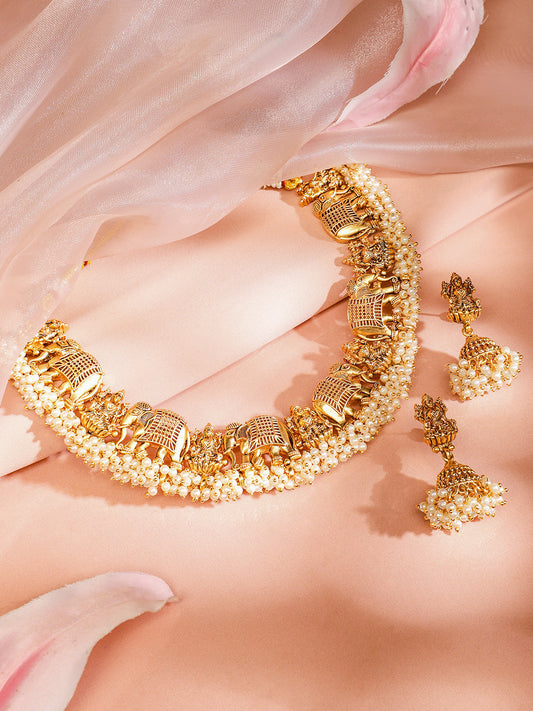 Elephant Motif Necklace Set with Pearl Drops Gold
