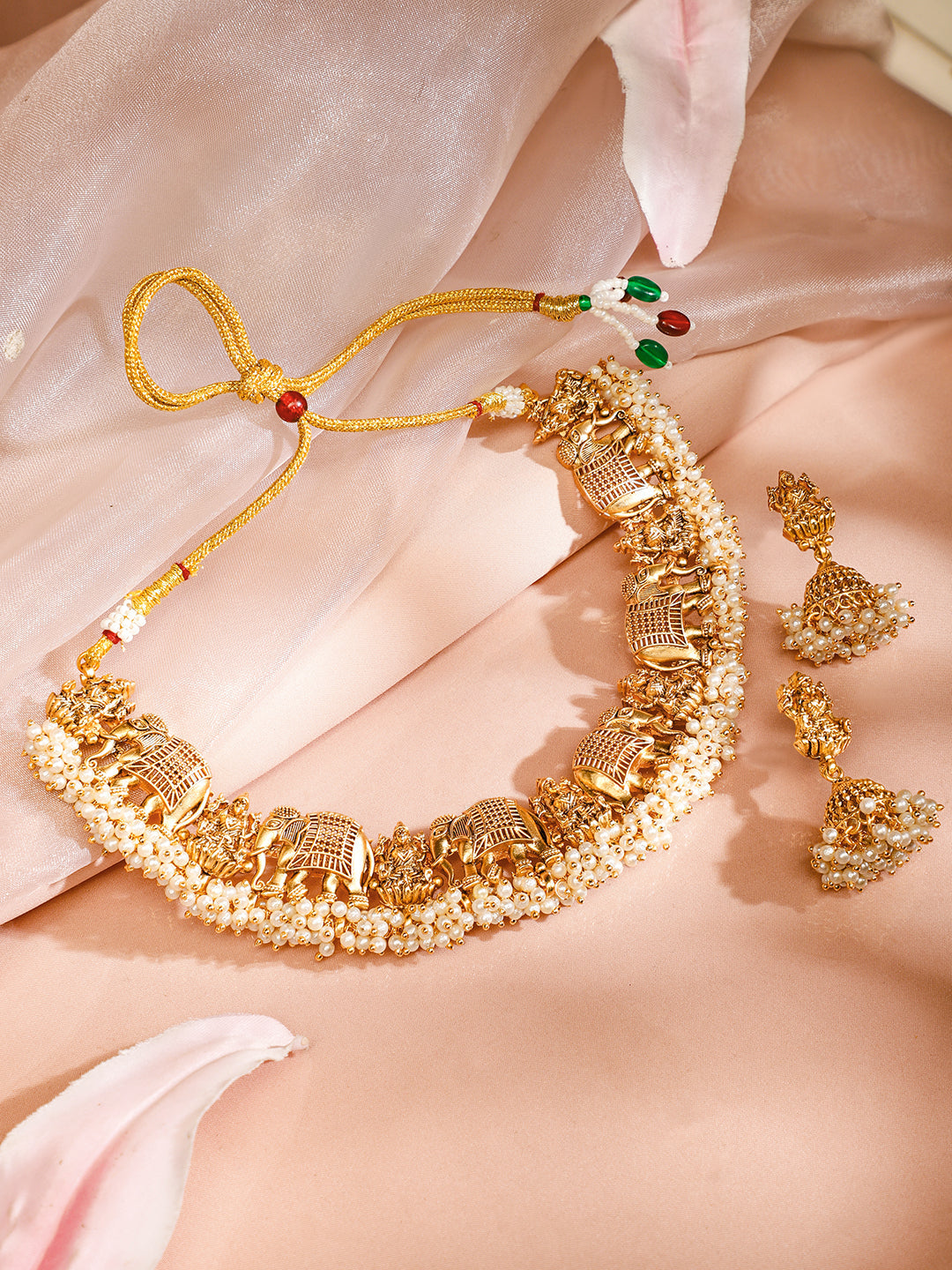 Elephant Motif Necklace Set with Pearl Drops Gold