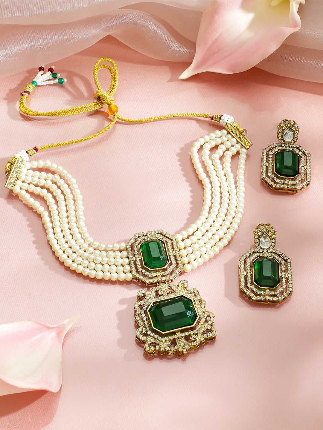 Royal Emerald Pearl Necklace Set フリーサイズ