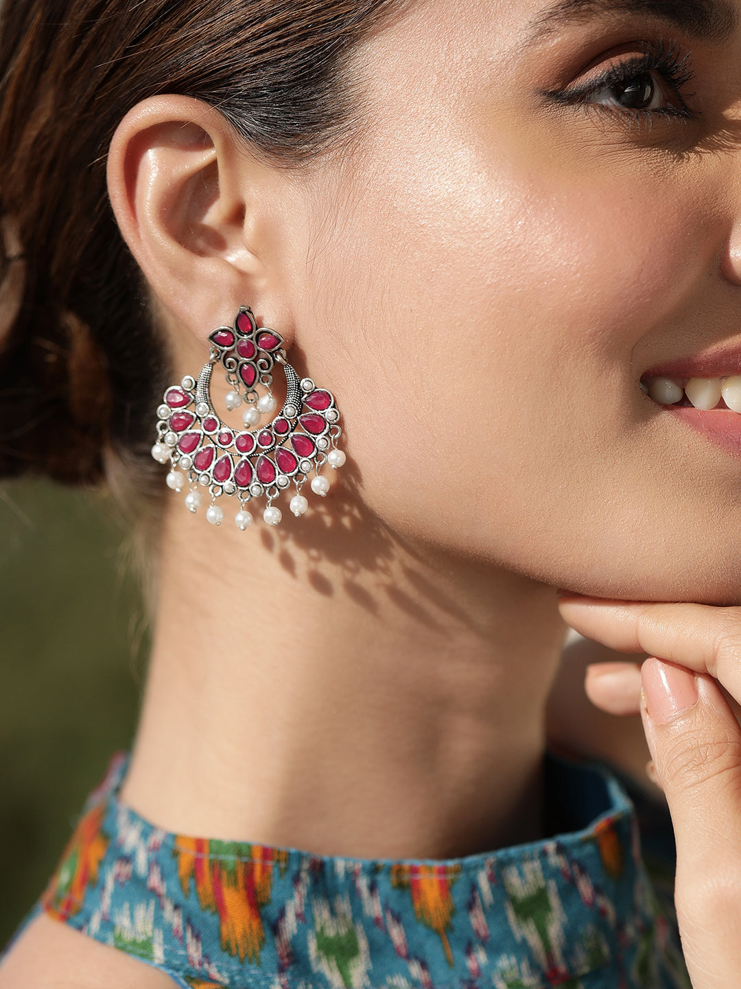 Rubans Oxidised Silver Toned Faux Ruby Studded Embellished With Pearl Chandbali Earrings Pink