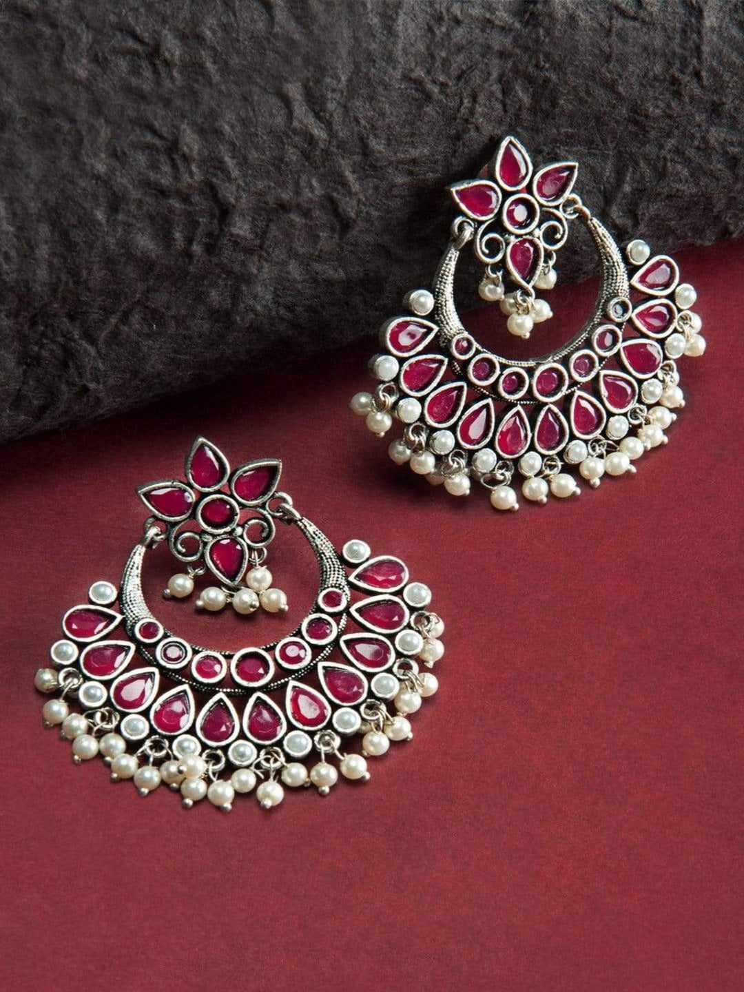 Rubans Oxidised Silver Toned Faux Ruby Studded Embellished With Pearl Chandbali Earrings Pink