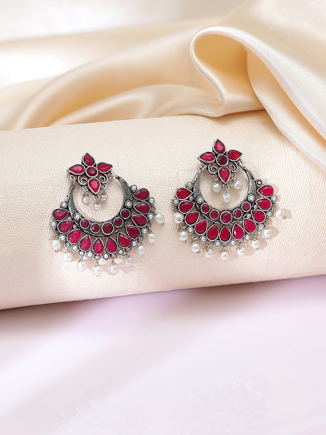 Rubans Oxidised Silver Toned Faux Ruby Studded Embellished With Pearl Chandbali Earrings Pink