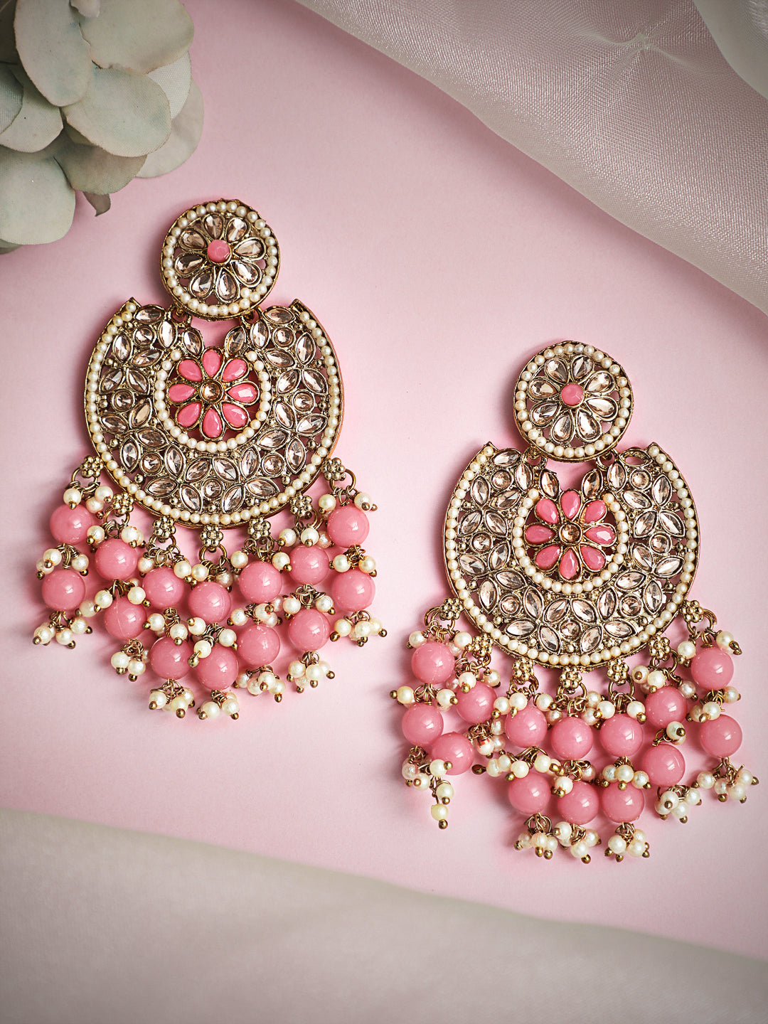 Rubans Gold Plated Handcrafted AD Studded & Pink Beads Chandbali Earrings Gold
