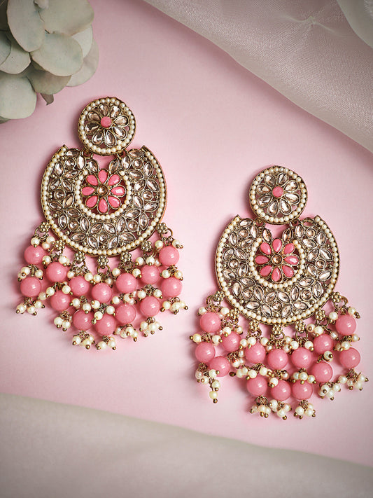 Rubans Gold Plated Handcrafted AD Studded & Pink Beads Chandbali Earrings Gold