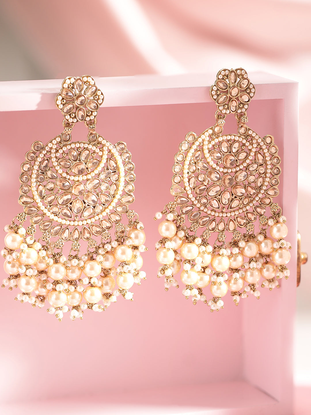 Rubans 22K Gold Plated Kundan Studded Handcrafted Long Chandbali with Cream-Colored Pearls Gold