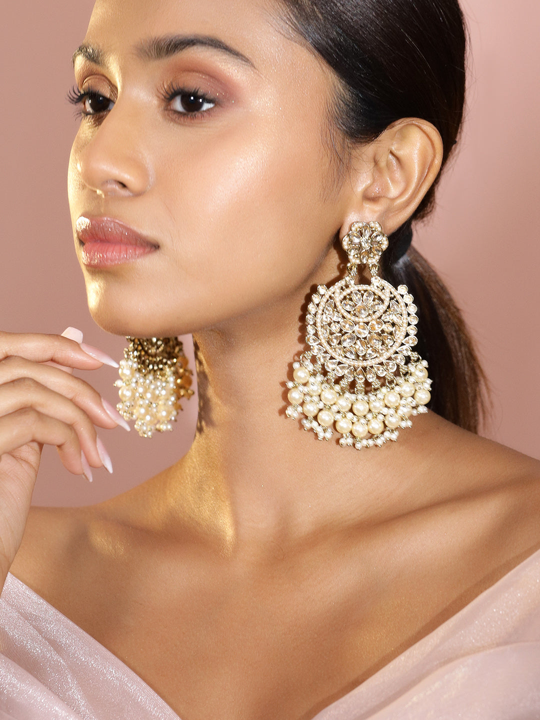 Rubans 22K Gold Plated Kundan Studded Handcrafted Long Chandbali with Cream-Colored Pearls Gold