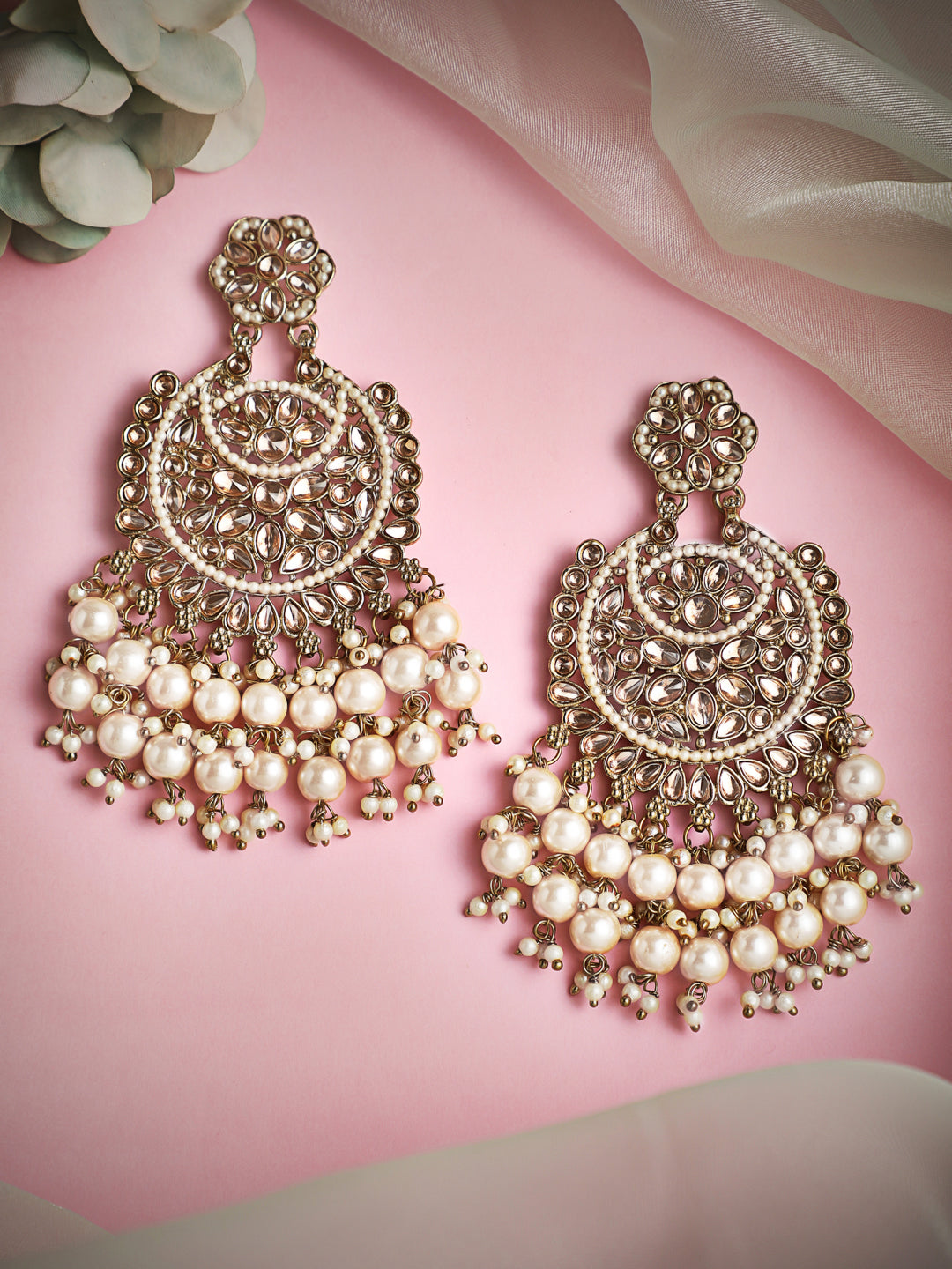 Rubans 22K Gold Plated Kundan Studded Handcrafted Long Chandbali with Cream-Colored Pearls Gold