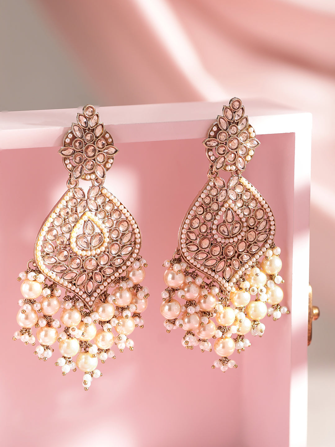 Rubans 18K Gold-Plated Kundan & Glossy Cream Pearl Beaded Handcrafted Long Chandelier Earrings Gold