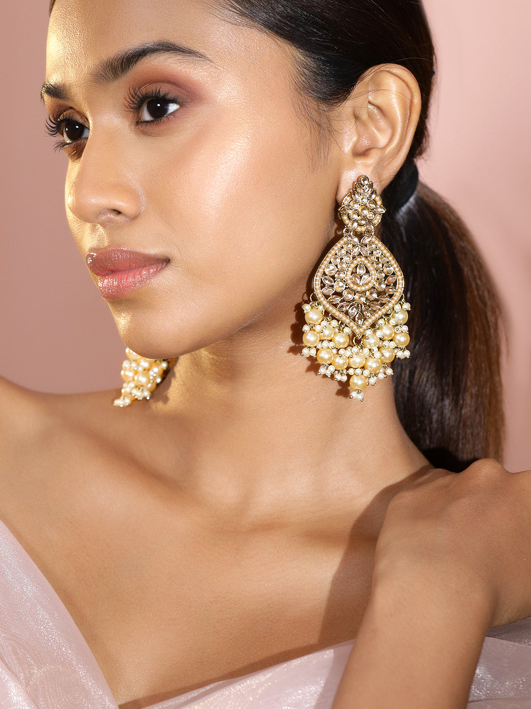 Rubans 18K Gold-Plated Kundan & Glossy Cream Pearl Beaded Handcrafted Long Chandelier Earrings Gold