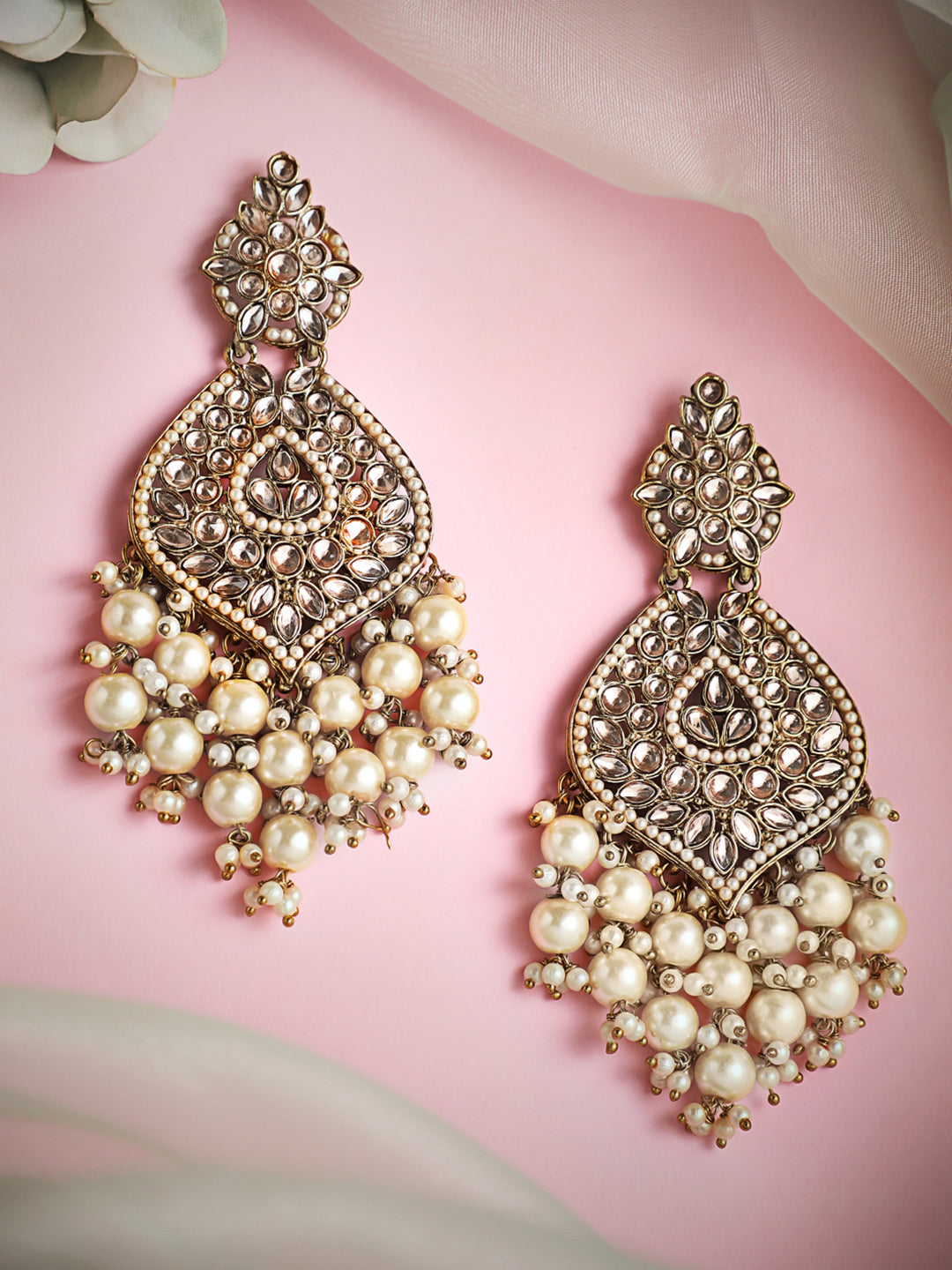 Rubans 18K Gold-Plated Kundan & Glossy Cream Pearl Beaded Handcrafted Long Chandelier Earrings Gold