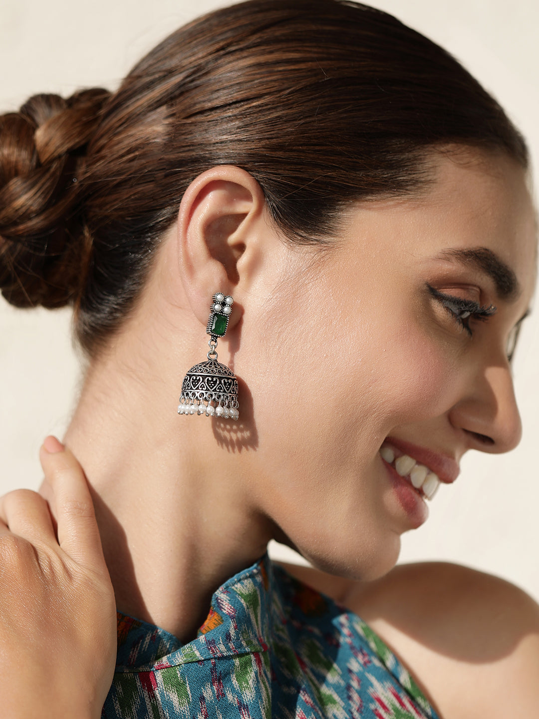 Rubans Oxidised Silver Toned Faux Emerald Studded Jhumka Earrings Silver