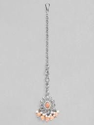 Rubans Silver Plated Handcrafted Kundan White & Peach Beads Maangtika Silver