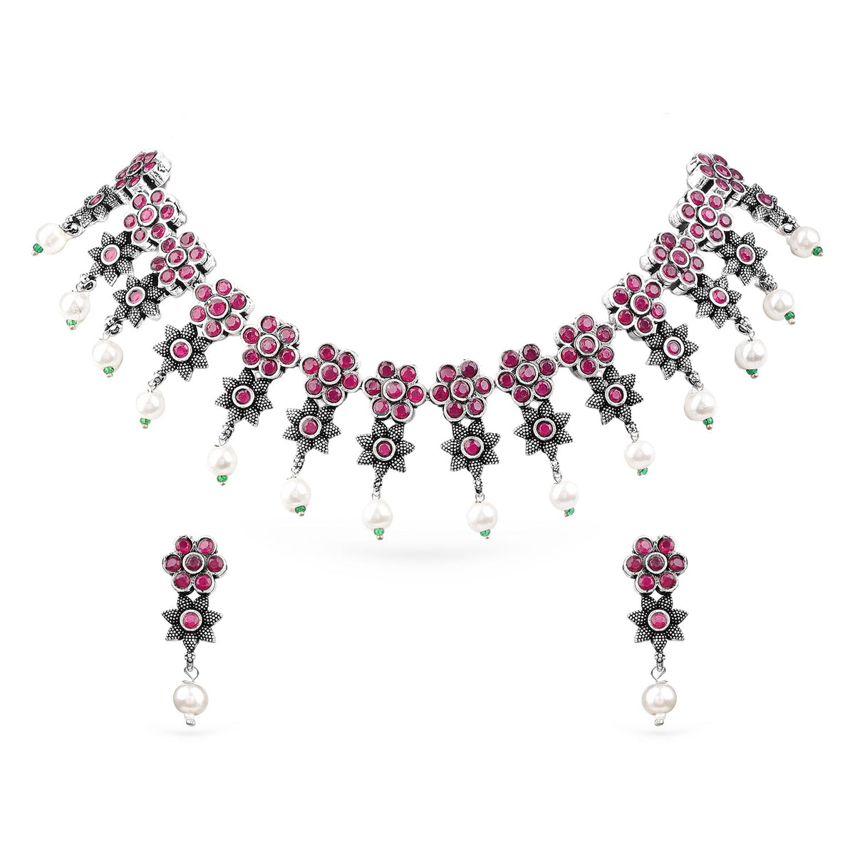 Rubans Oxidised Silver Plated Embellished With Faux Ruby Floral Necklace Set Pink
