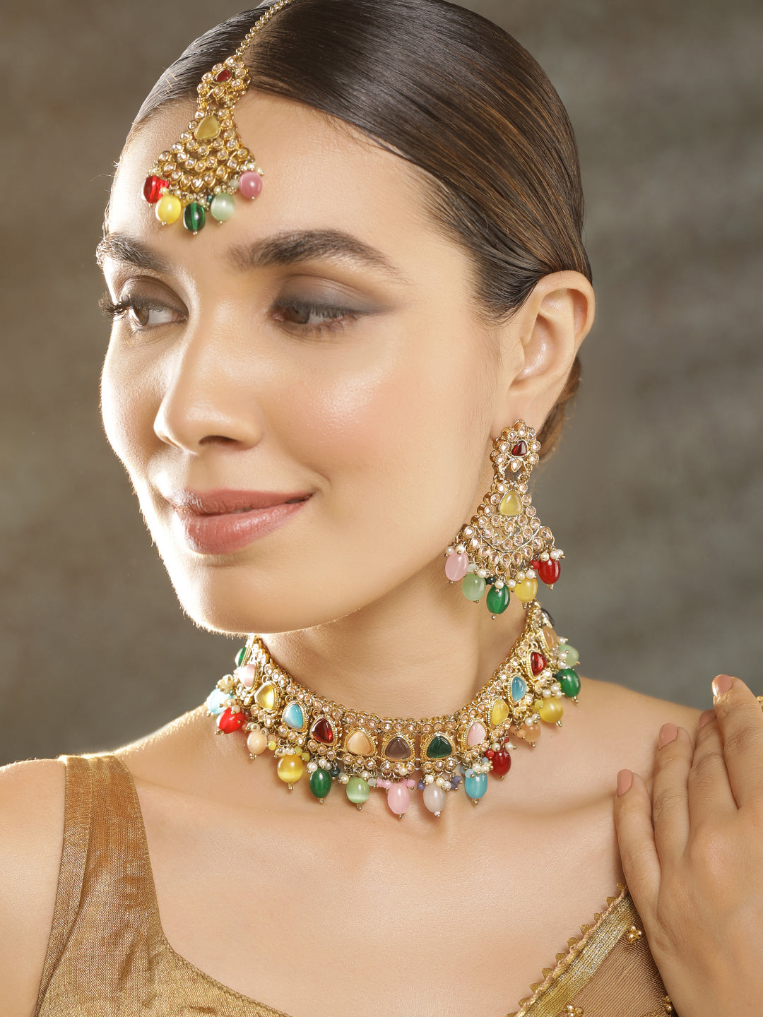 Rubans Gold Plated Handcrafted Multicolored Beads Necklace Set Gold