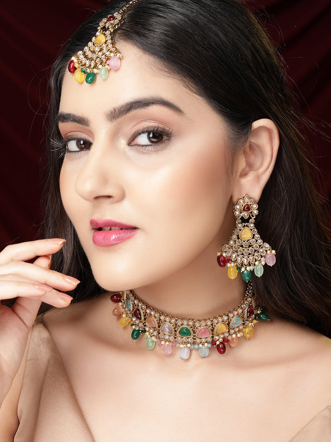 Rubans Gold Plated Handcrafted Multicolored Beads Necklace Set Gold