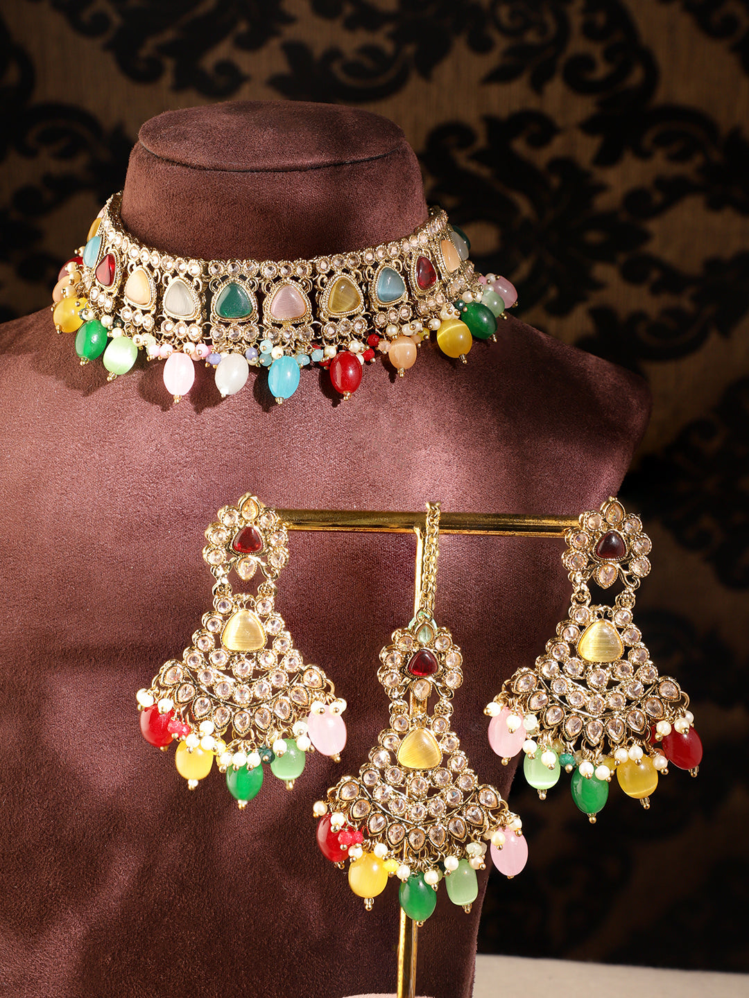 Rubans Gold Plated Handcrafted Multicolored Beads Necklace Set Gold