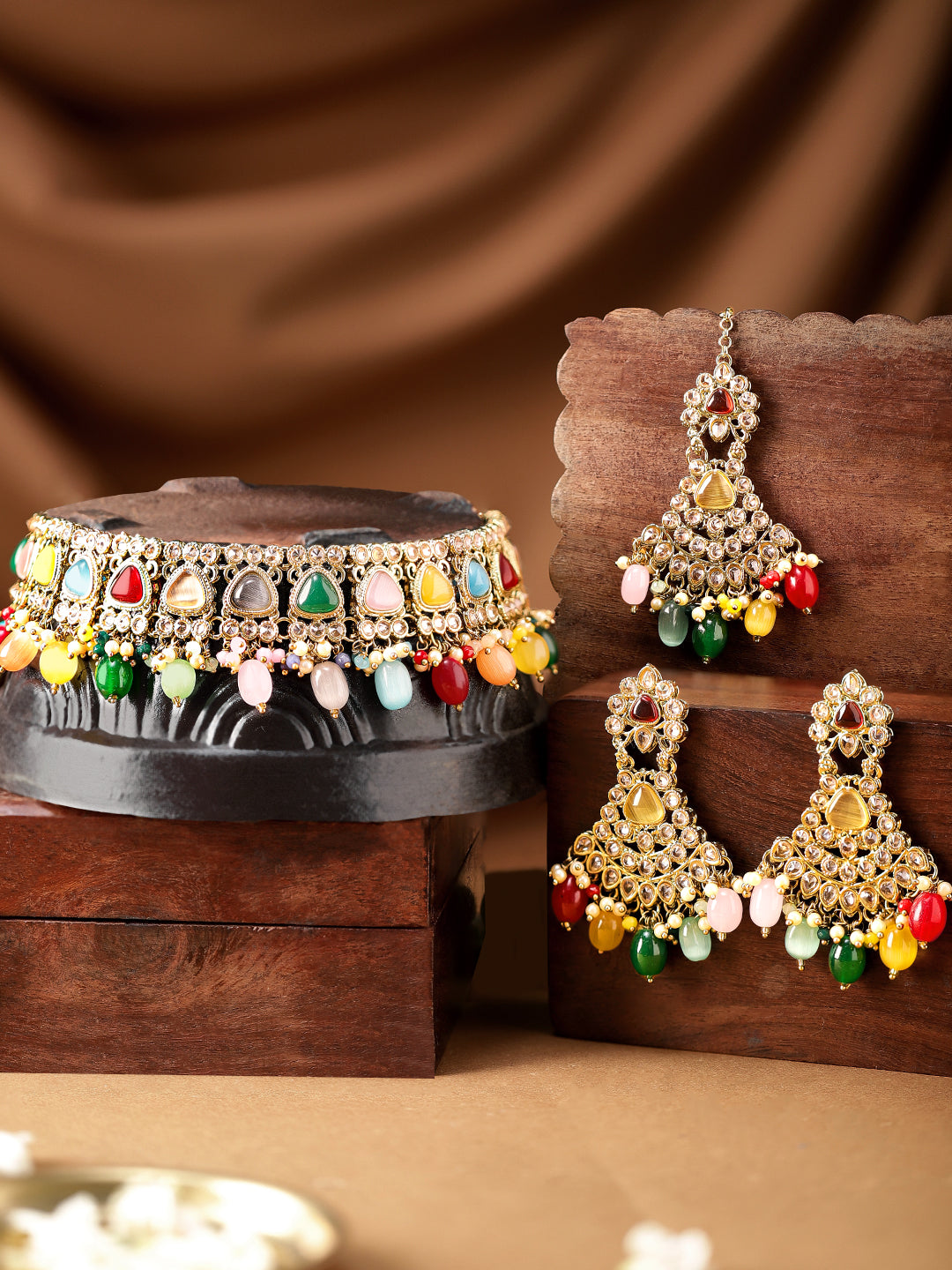 Rubans Gold Plated Handcrafted Multicolored Beads Necklace Set Gold
