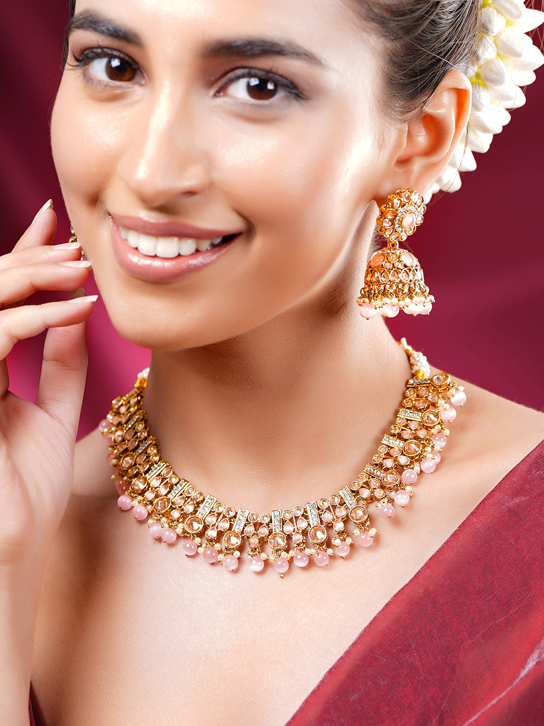 【Rubans】 Gold Plated Kundan Pink Beaded Necklace Set｜ゴールドメッキ クンダン ピンクビーズ ネックレスセット