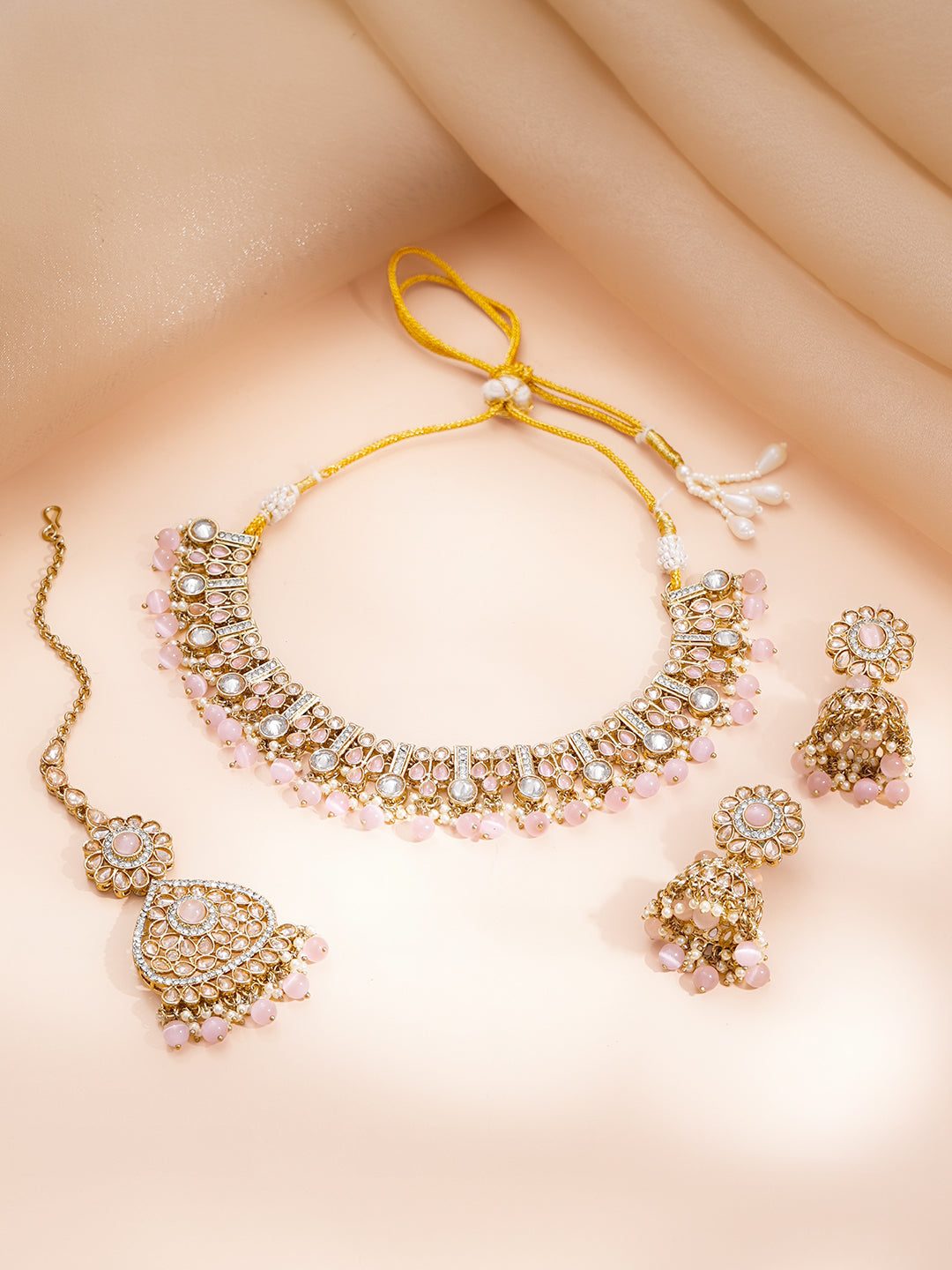 【Rubans】 Gold Plated Kundan Pink Beaded Necklace Set｜ゴールドメッキ クンダン ピンクビーズ ネックレスセット