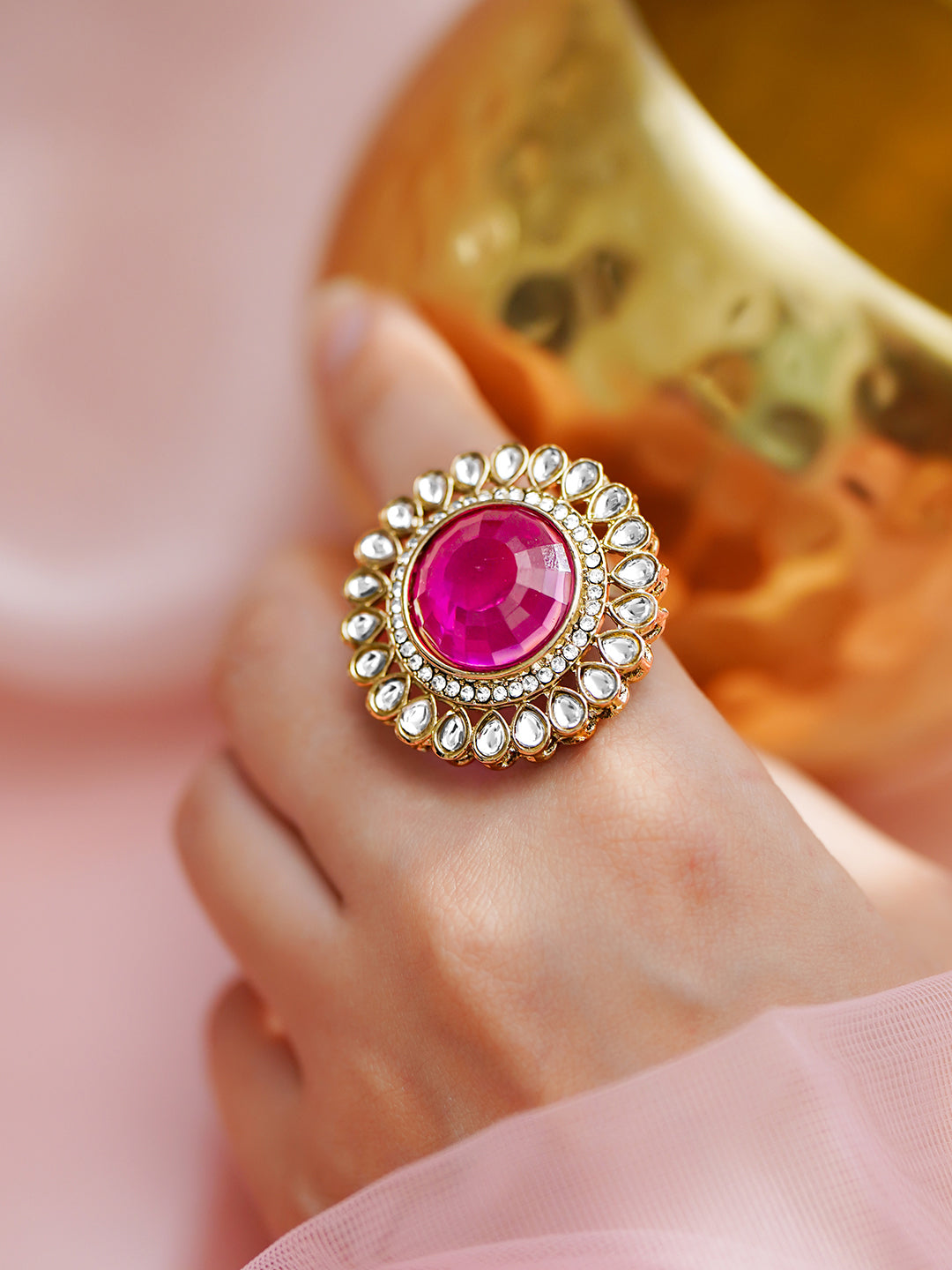 Rani Pink Kundan Luxe Cocktail Ring フリーサイズ